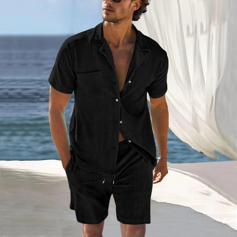 Linen Short Sleeve Cuban Collar Shirt and Bermuda Shorts Set for Men - Black