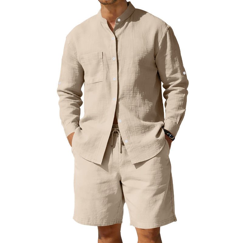 Linen Stand Collar Shirt and Drawstring Shorts Set for Men - View 3