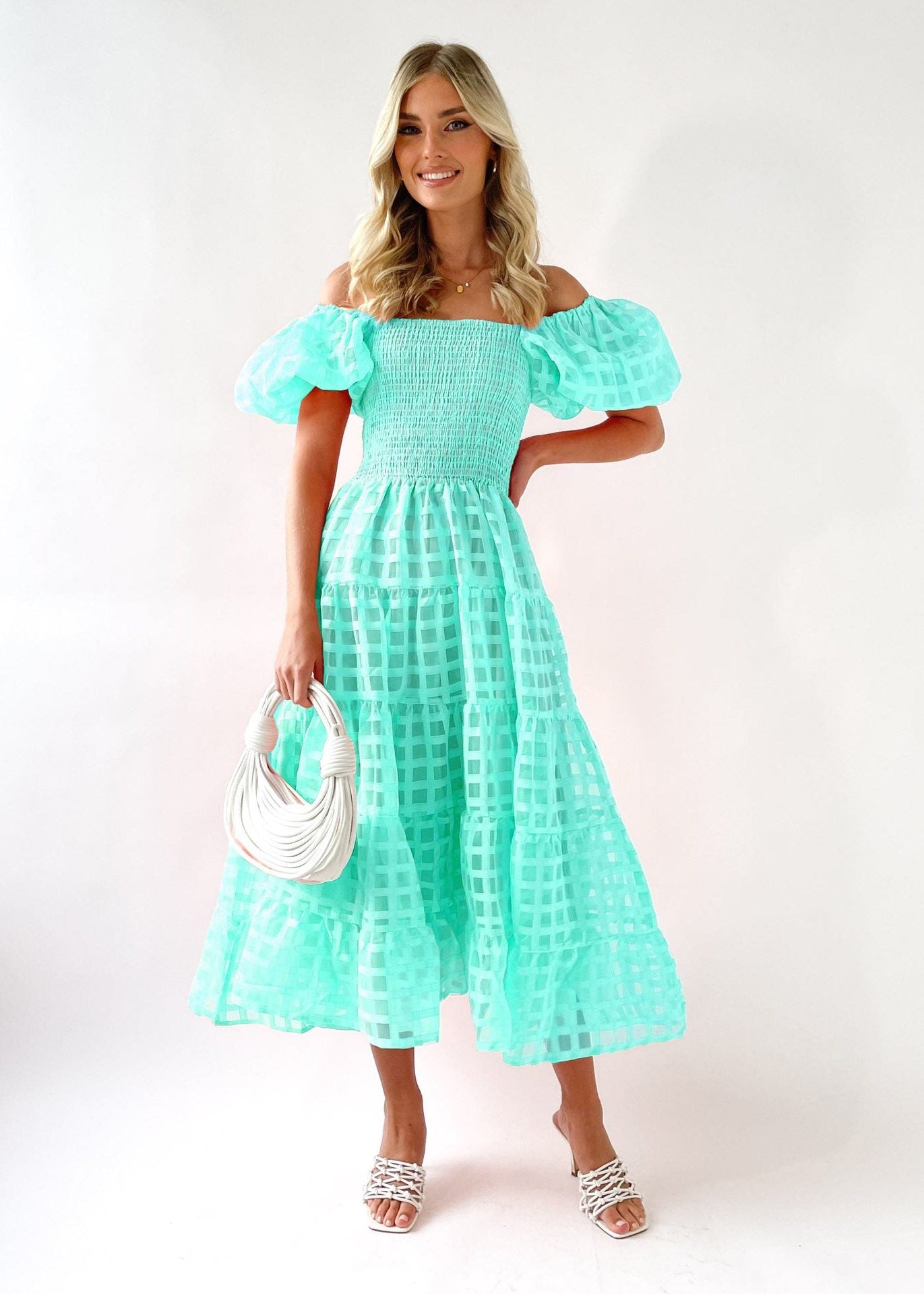 Puff Sleeve A-Line Wedding Guest Maxi Dress for Women - Cyan
