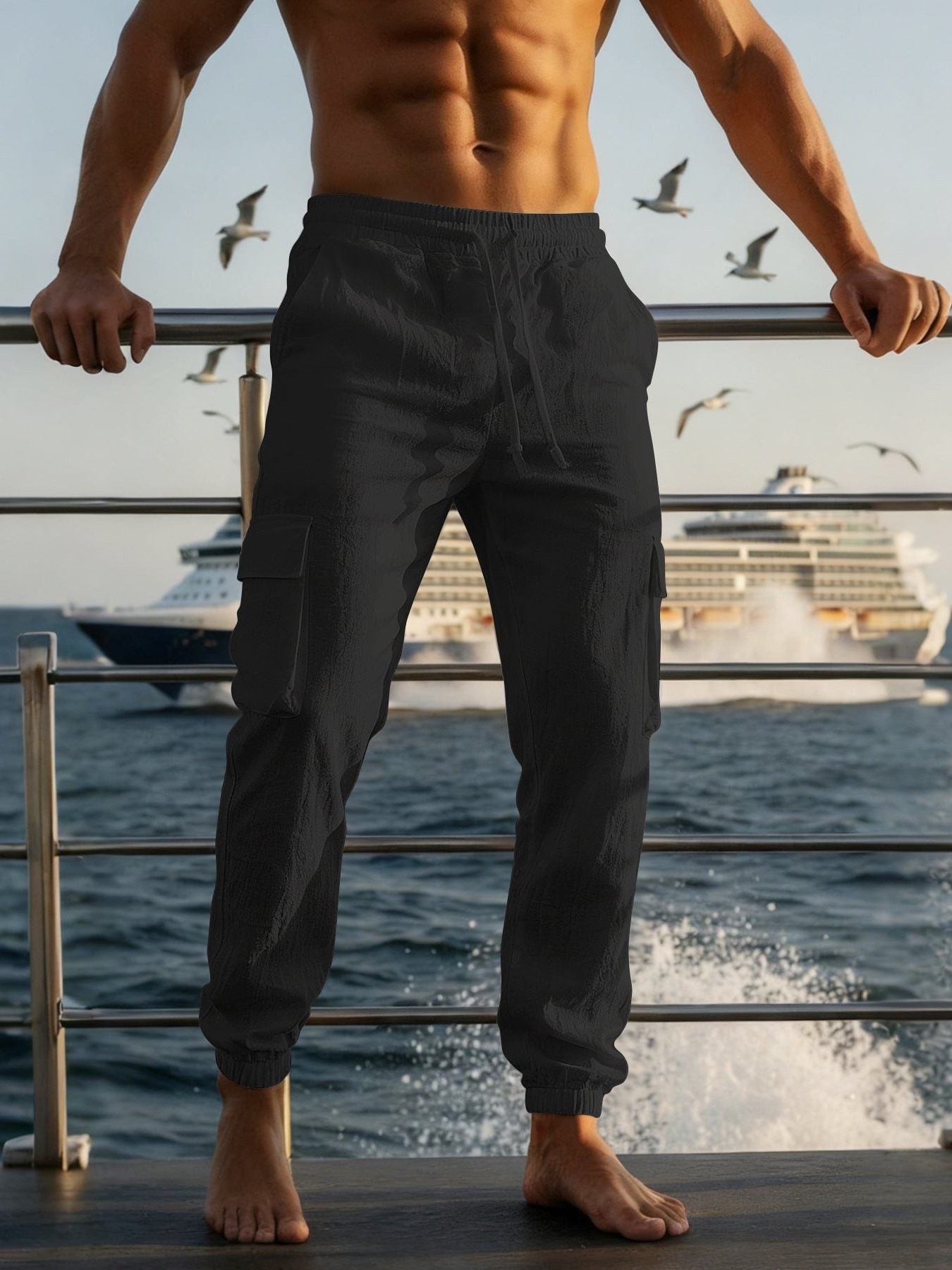 Linen Cargo Joggers with Elasticated Waist for Men - Black