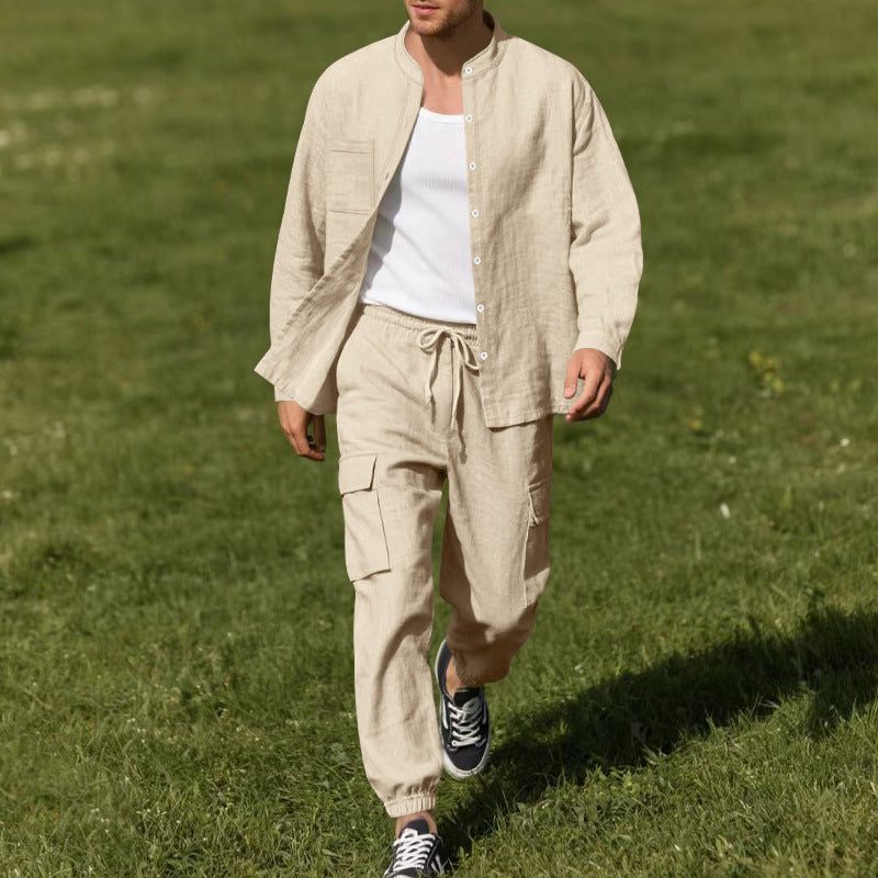 Linen Cargo Shirt and Trousers Set for Men
