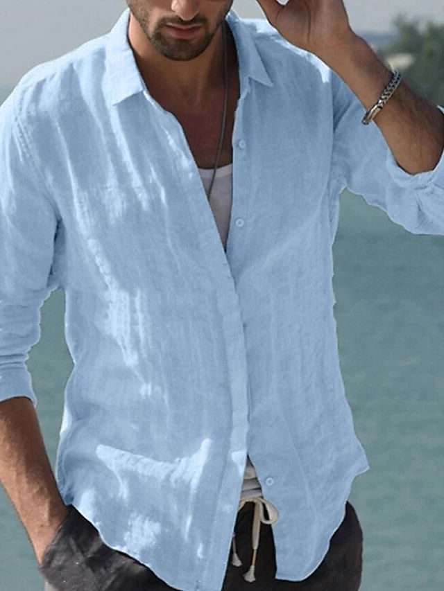 Linen Revere Collar Shirt for Men - Light Blue