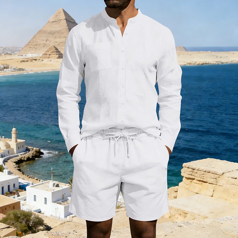 Linen Stand Collar Shirt and Drawstring Shorts Set for Men - White