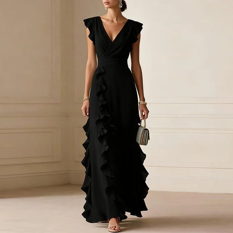 V-Neck Ruffle Trim Maxi Dress for Women - Black