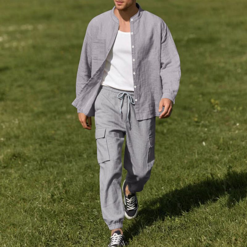 Linen Cargo Shirt and Trousers Set for Men - Grey