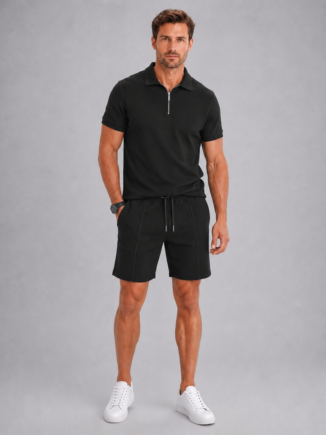 Ribbed Knit Zip Polo Shorts Set for Men - Black