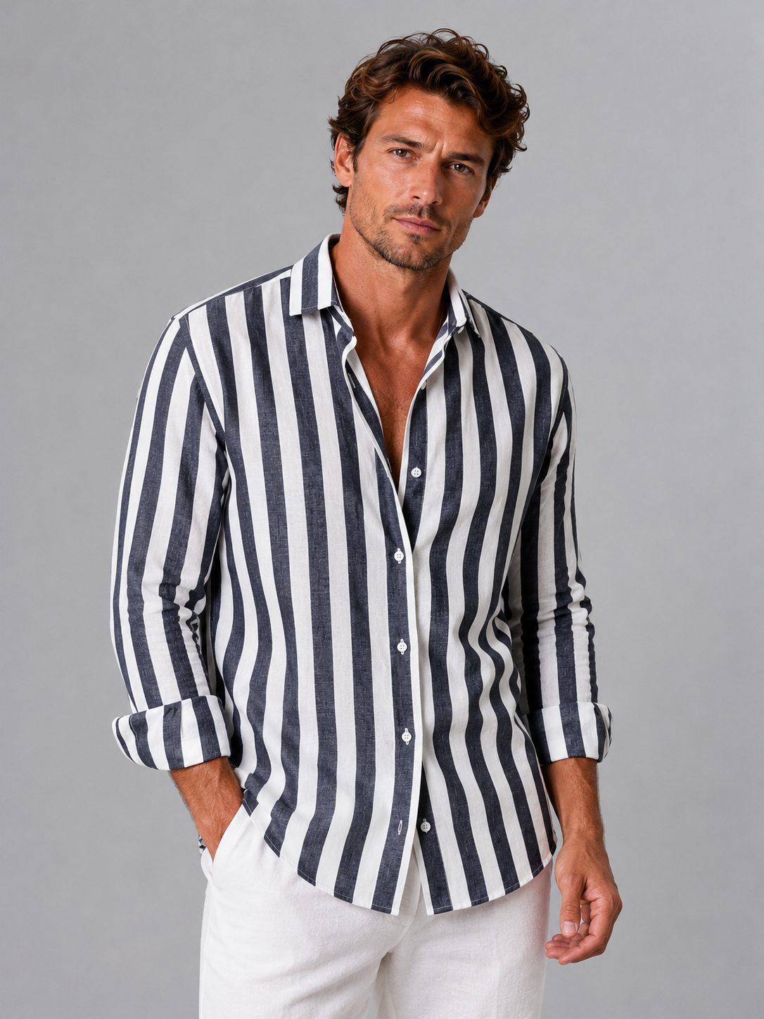 Striped Linen Look Button-Down Shirt for Men - Charcoal