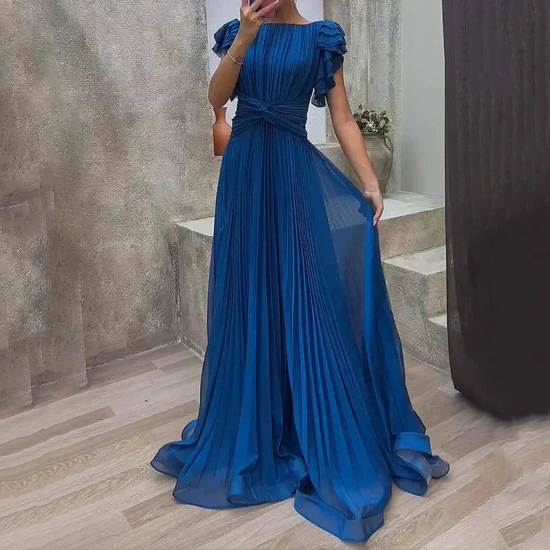 Pleated Belted Wedding Guest Maxi Dress for Women - Blue