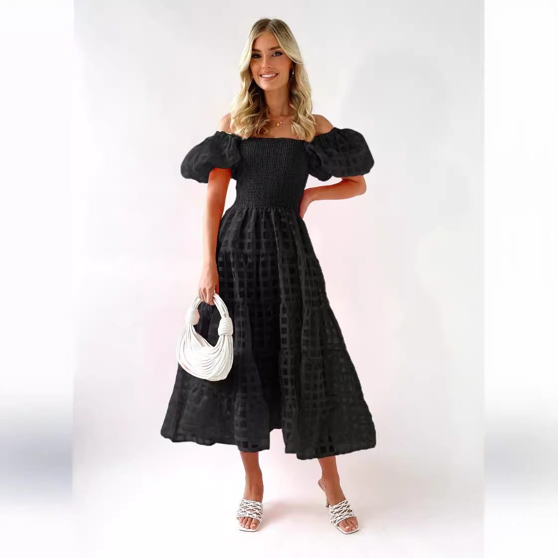 Puff Sleeve A-Line Wedding Guest Maxi Dress for Women - View 2