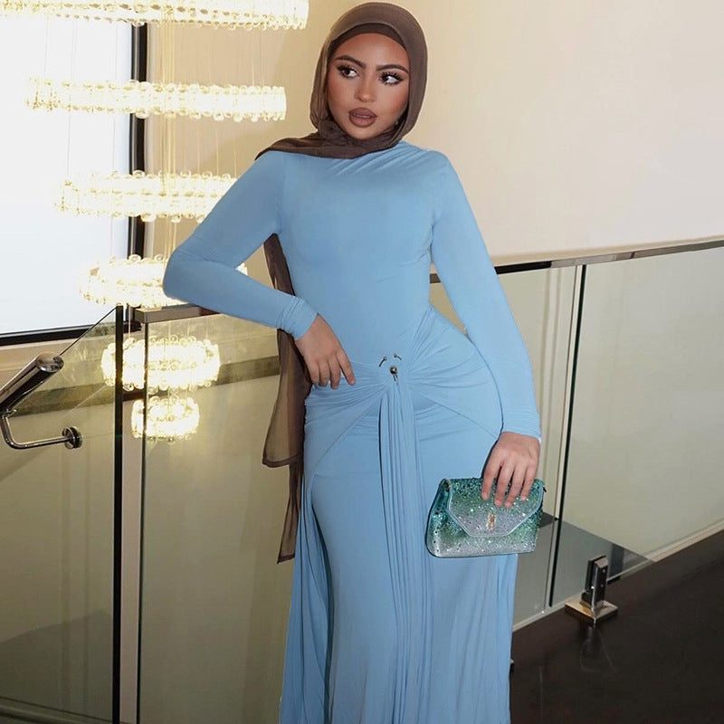 Long Sleeve Draped Waist Wedding Guest Maxi Dress for Women - View 3