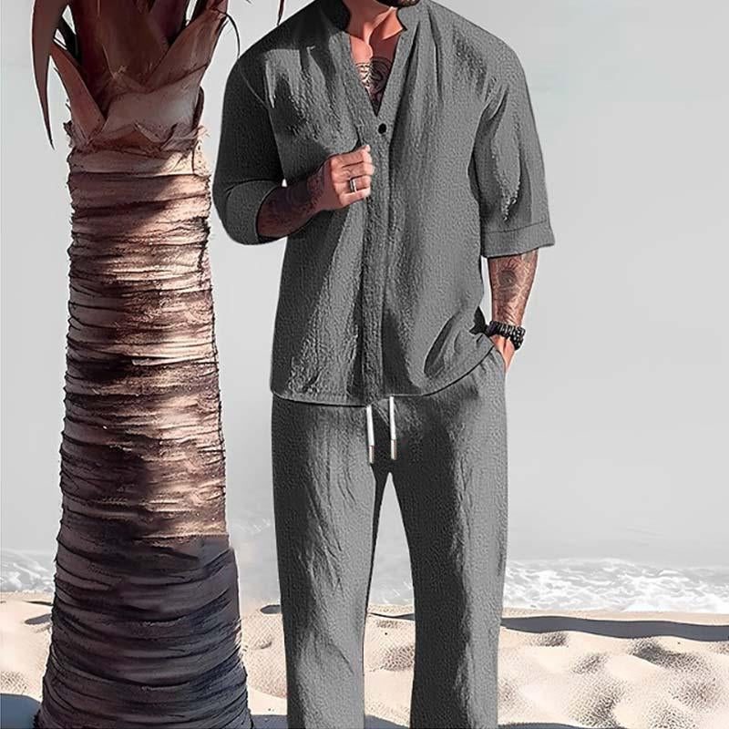 Cotton-Linen Short Sleeve Shirt and Trousers Set for Men - Grey