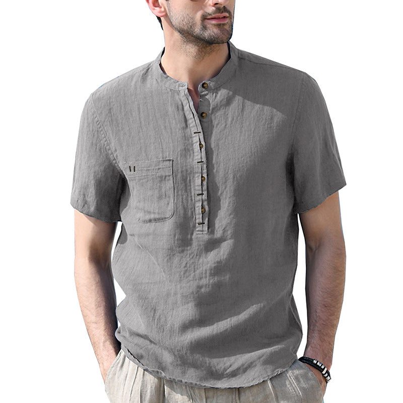 Linen Short Sleeve Henley Shirt for Men - Grey