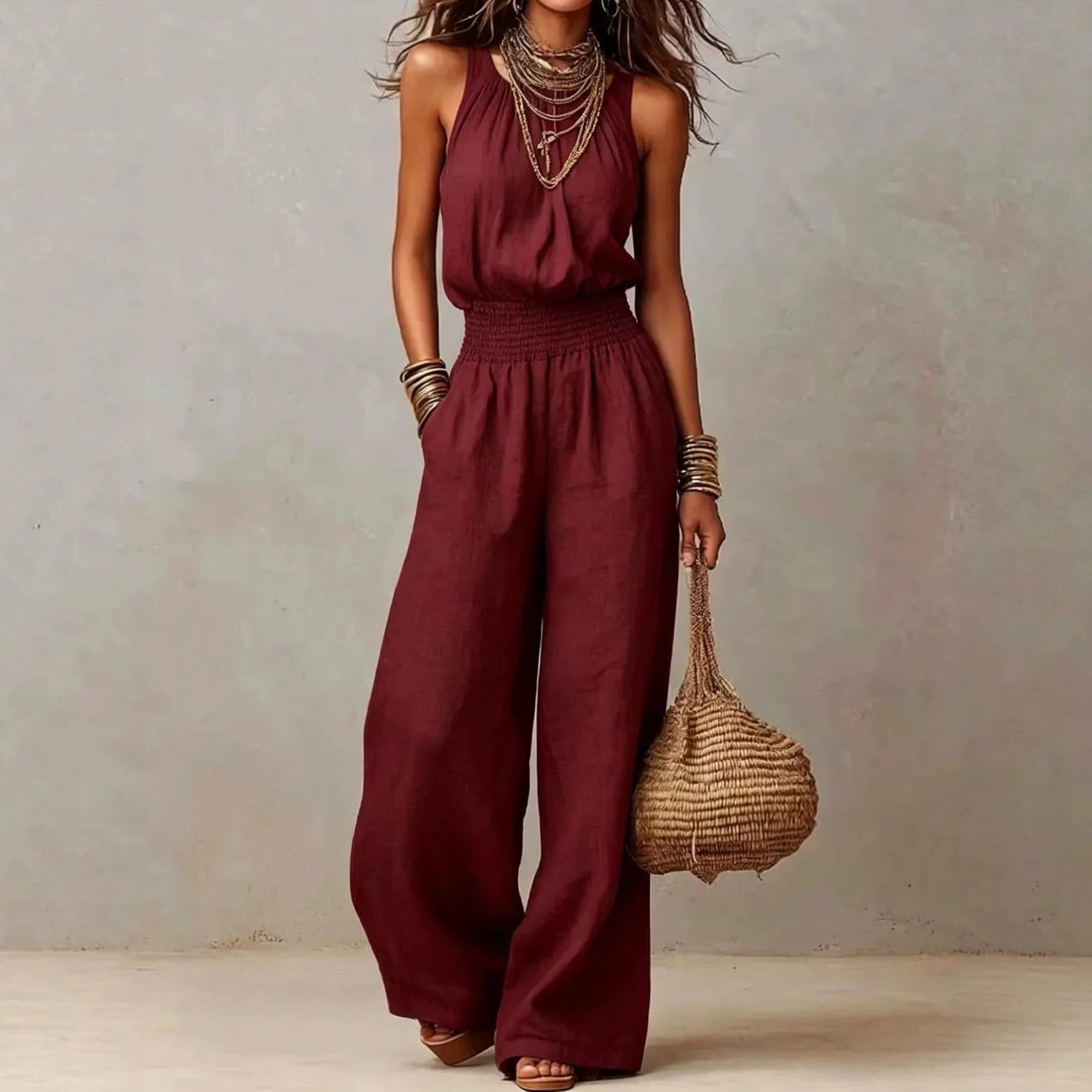 Wide Leg Halterneck Jumpsuit for Women - Red