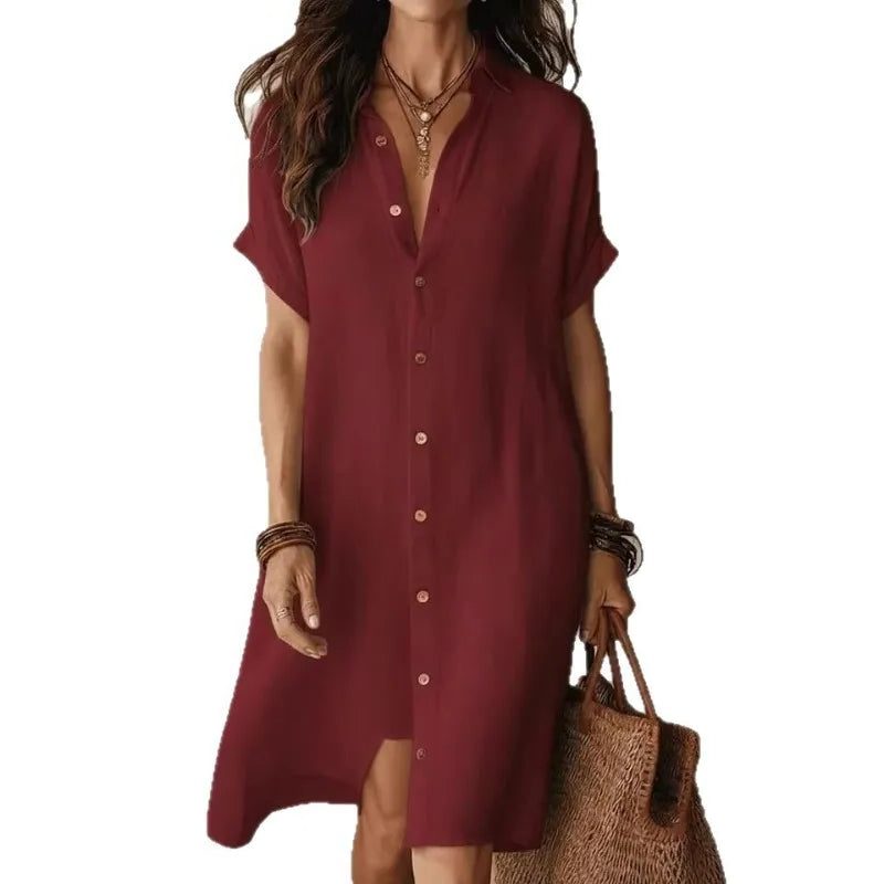Button-Down Shirt Dress for Women - Burgundy