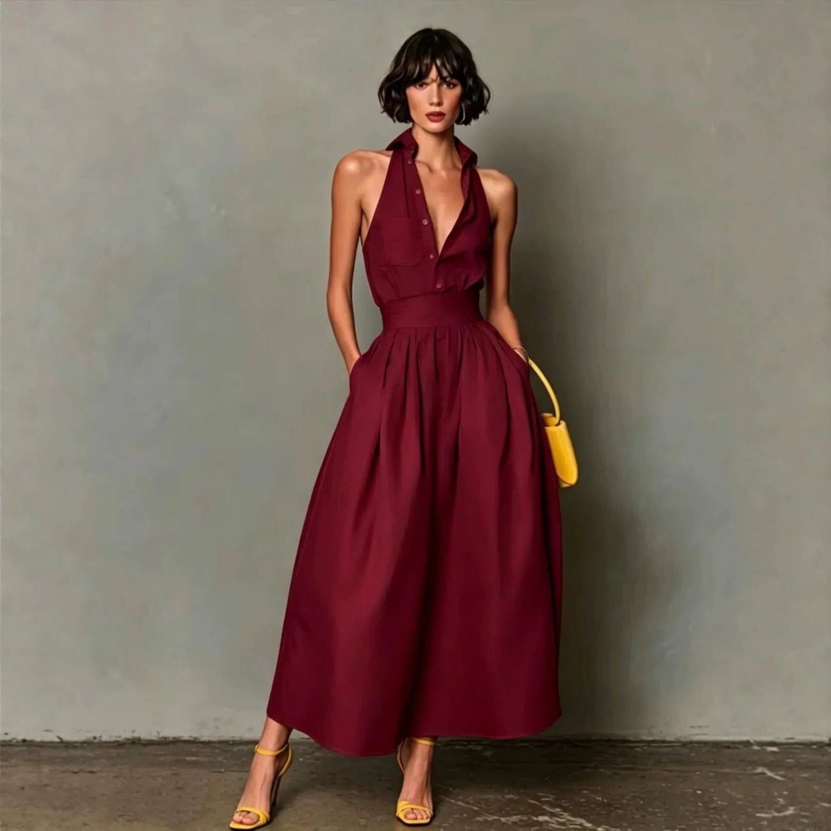 Halterneck A-Line Midi Dress for Women - Red