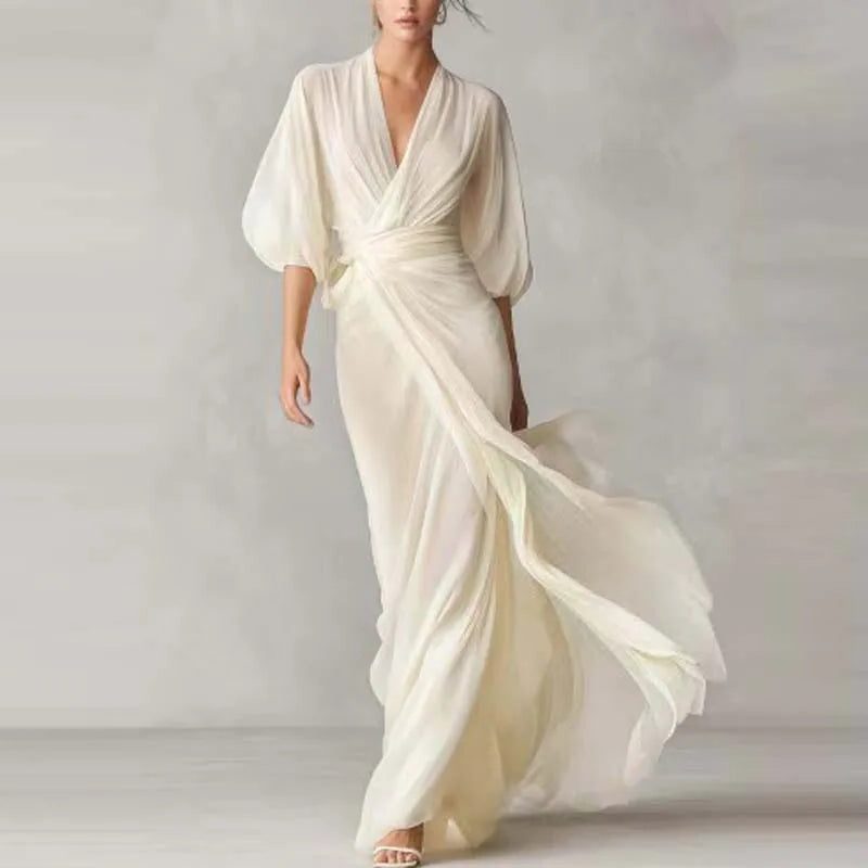 V-Neck Chiffon Maxi Wrap Dress for Women