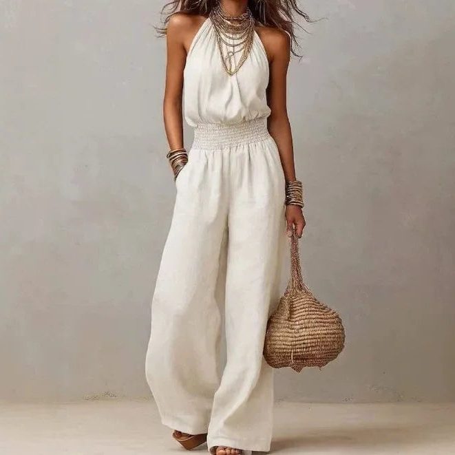 Wide Leg Halterneck Jumpsuit for Women - White