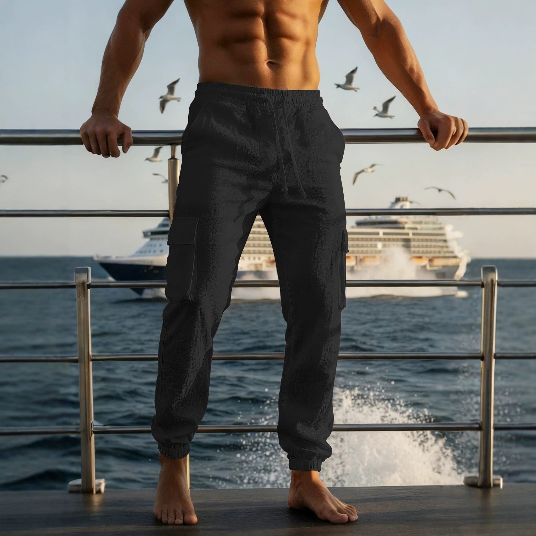 Linen Cargo Joggers with Elasticated Waist for Men