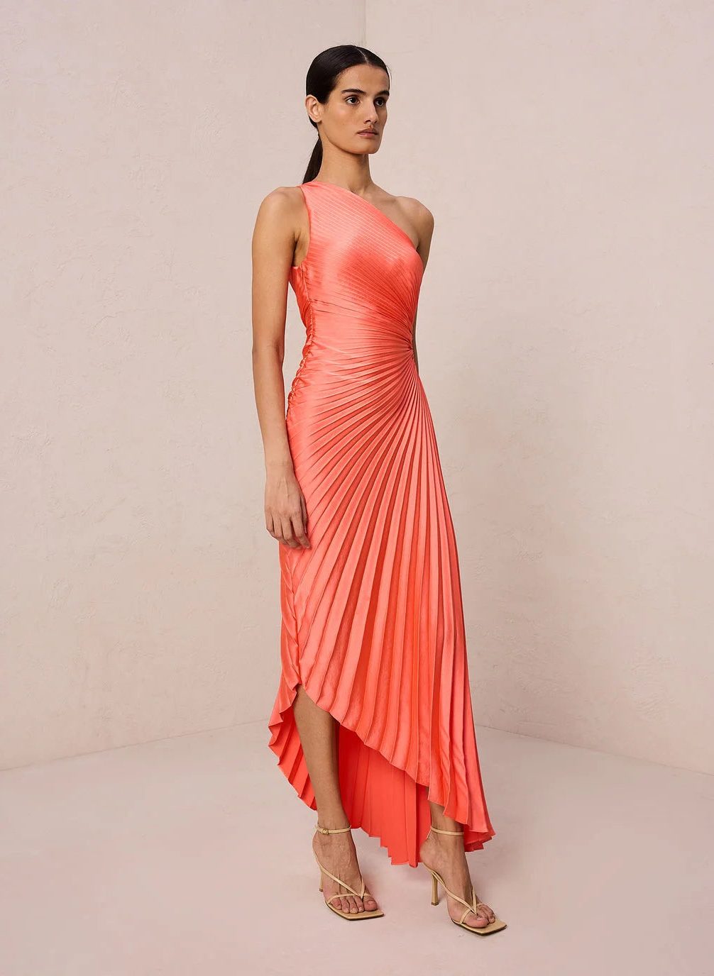 Halterneck Wedding Guest Pleated Maxi Dress for Women - Orange Red