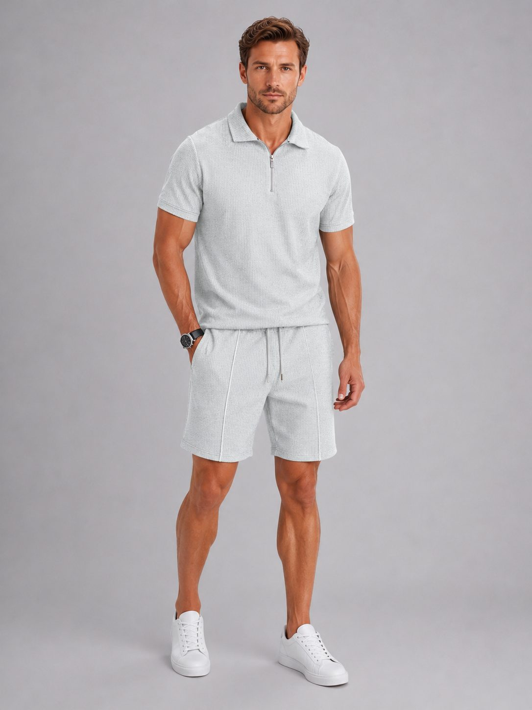 Ribbed Knit Zip Polo Shorts Set for Men - Grey