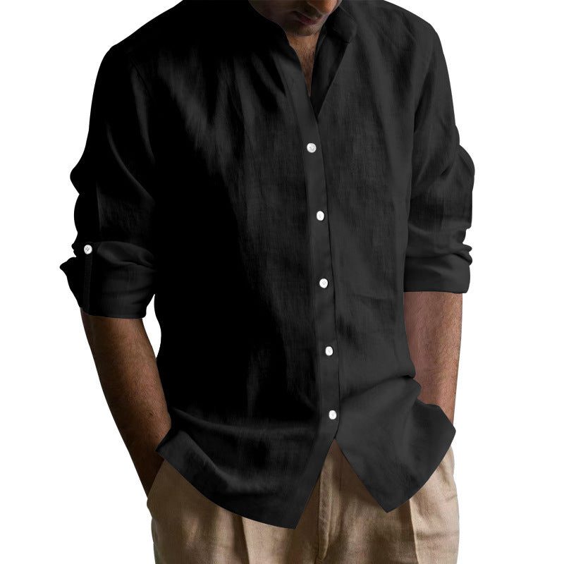 Linen V-Neck Button-Down Shirt for Men - Black