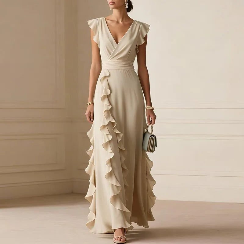 V-Neck Ruffle Trim Maxi Dress for Women - Apricot