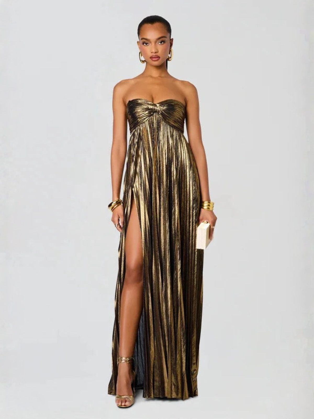 Strapless Wedding Guest Maxi Dress with Twisted Bodice and High Split for Women - Dark Brown
