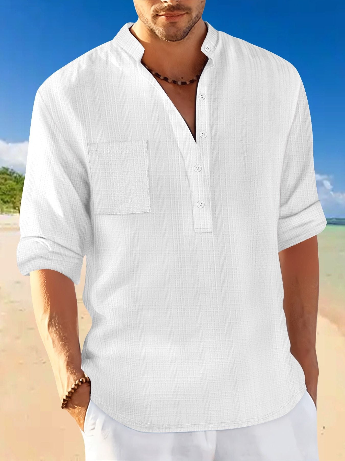 Linen Stand Collar Short Sleeve Shirt for Men - White