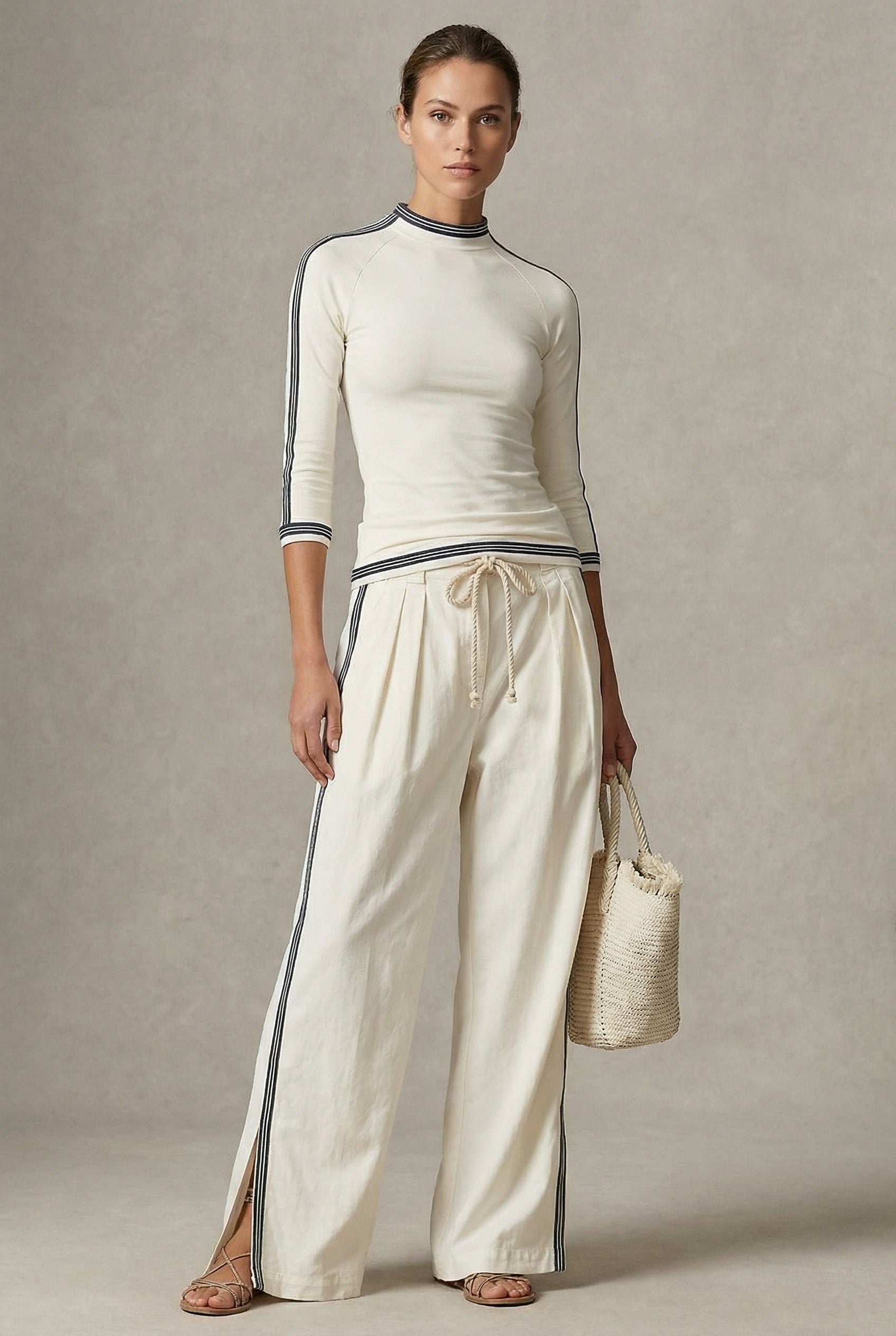 Wide Leg Crew Neck Three-Quarter Sleeve Set for Women