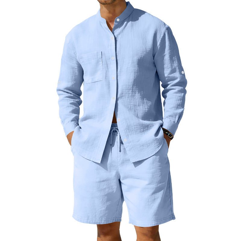 Linen Stand Collar Shirt and Drawstring Shorts Set for Men - View 4