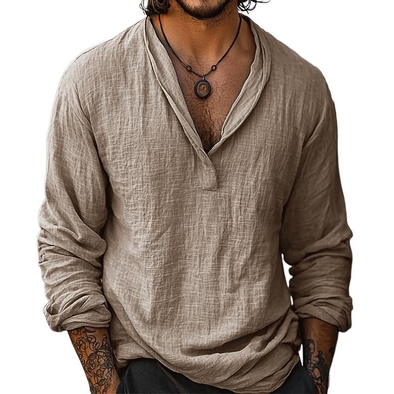 Cotton-Linen Henley Long Sleeve Shirt for Men