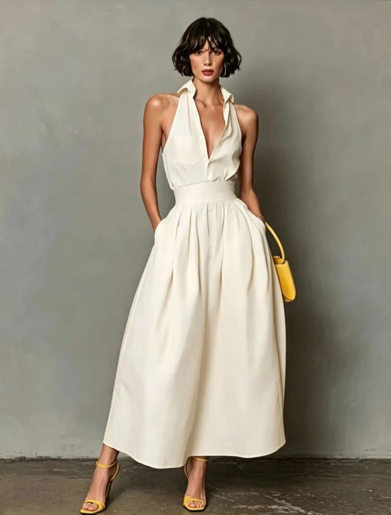 Halterneck A-Line Midi Dress for Women - White