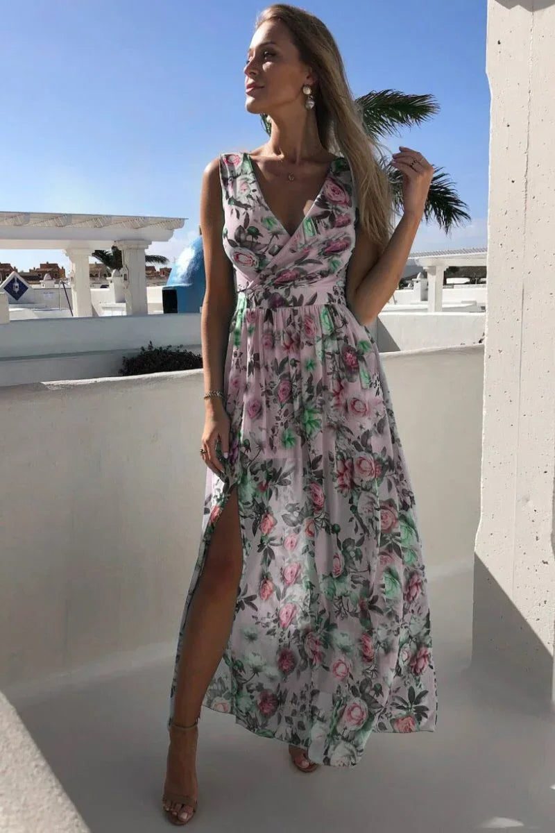 Sleeveless Floral Split Maxi Dress Wedding Guest for Women - Pink