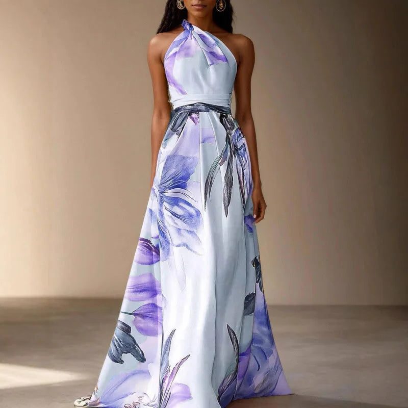 Halter Neck Floral Maxi Dress for Women - Blue