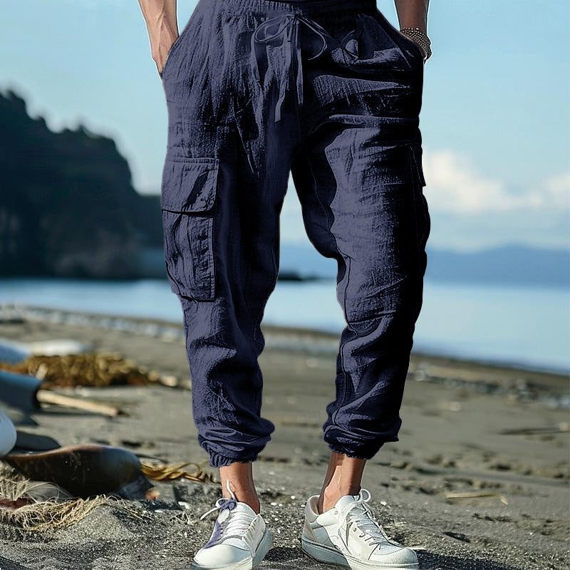 Linen Cargo Joggers with Drawstring for Men - Navy