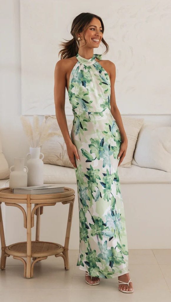 Halterneck Floral Maxi Dress Wedding Guest for Women - Light green