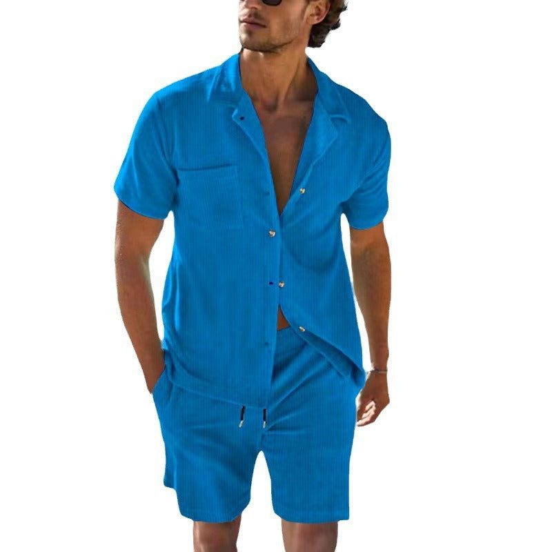 Linen Short Sleeve Cuban Collar Shirt and Bermuda Shorts Set for Men - View 5