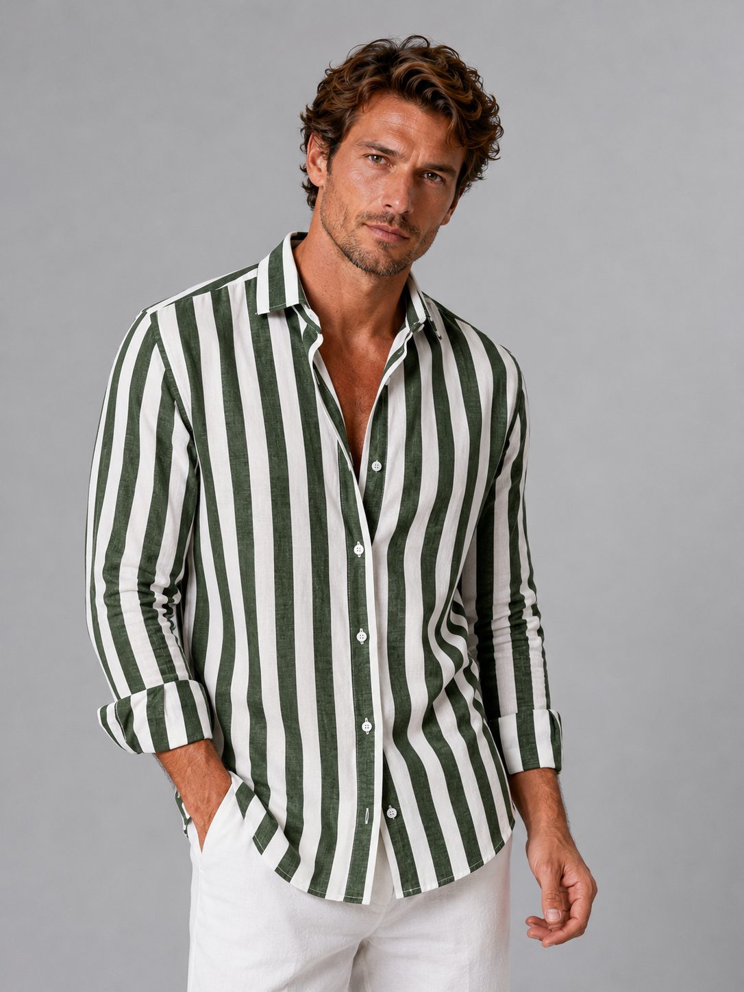 Striped Linen Look Button-Down Shirt for Men - Green