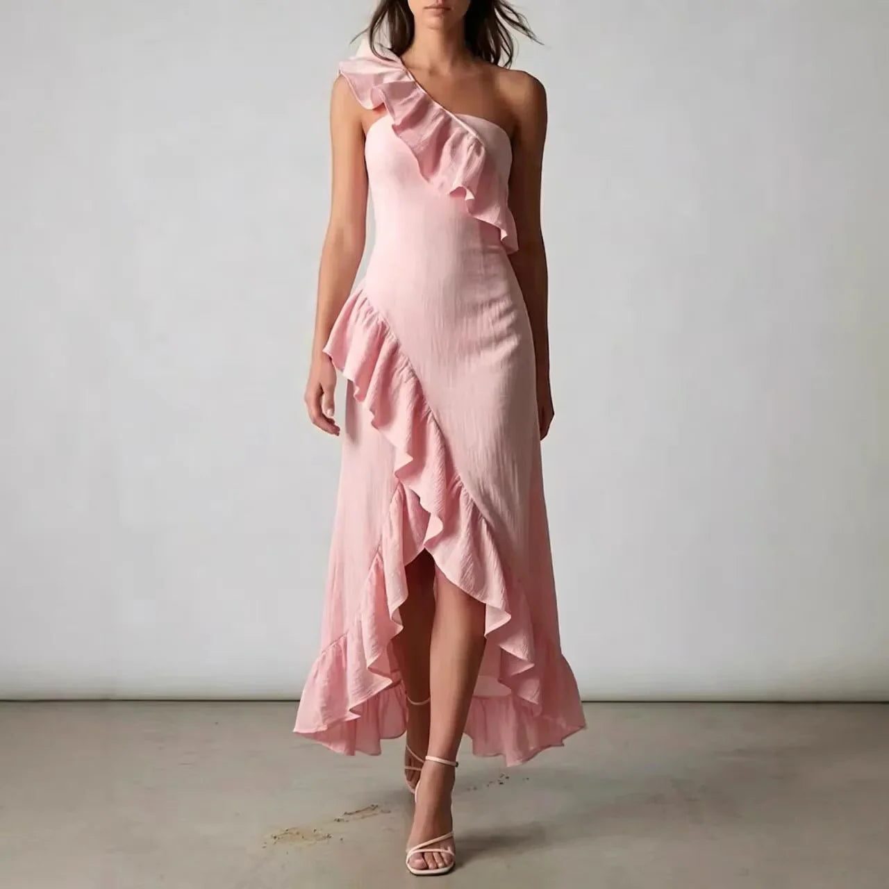 One-Shoulder Ruffle Midi Dress for Women - Pink