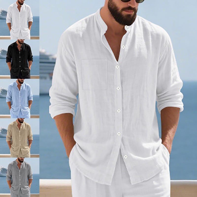 Linen Button-Down Shirt with Chest Pockets for Men