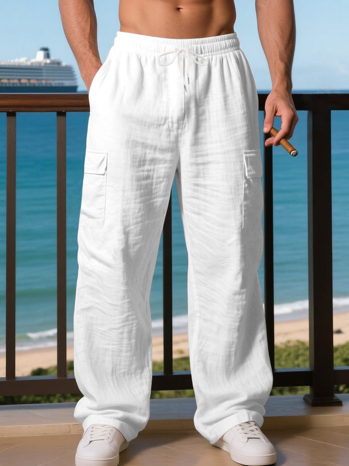Linen Cargo Trousers with Drawstring Waist for Men - White