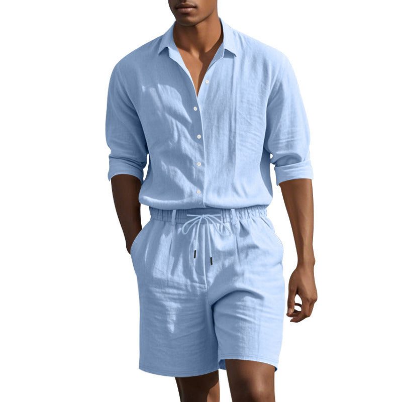 Linen Revere Collar Shirt with Drawstring Shorts Set for Men - View 2