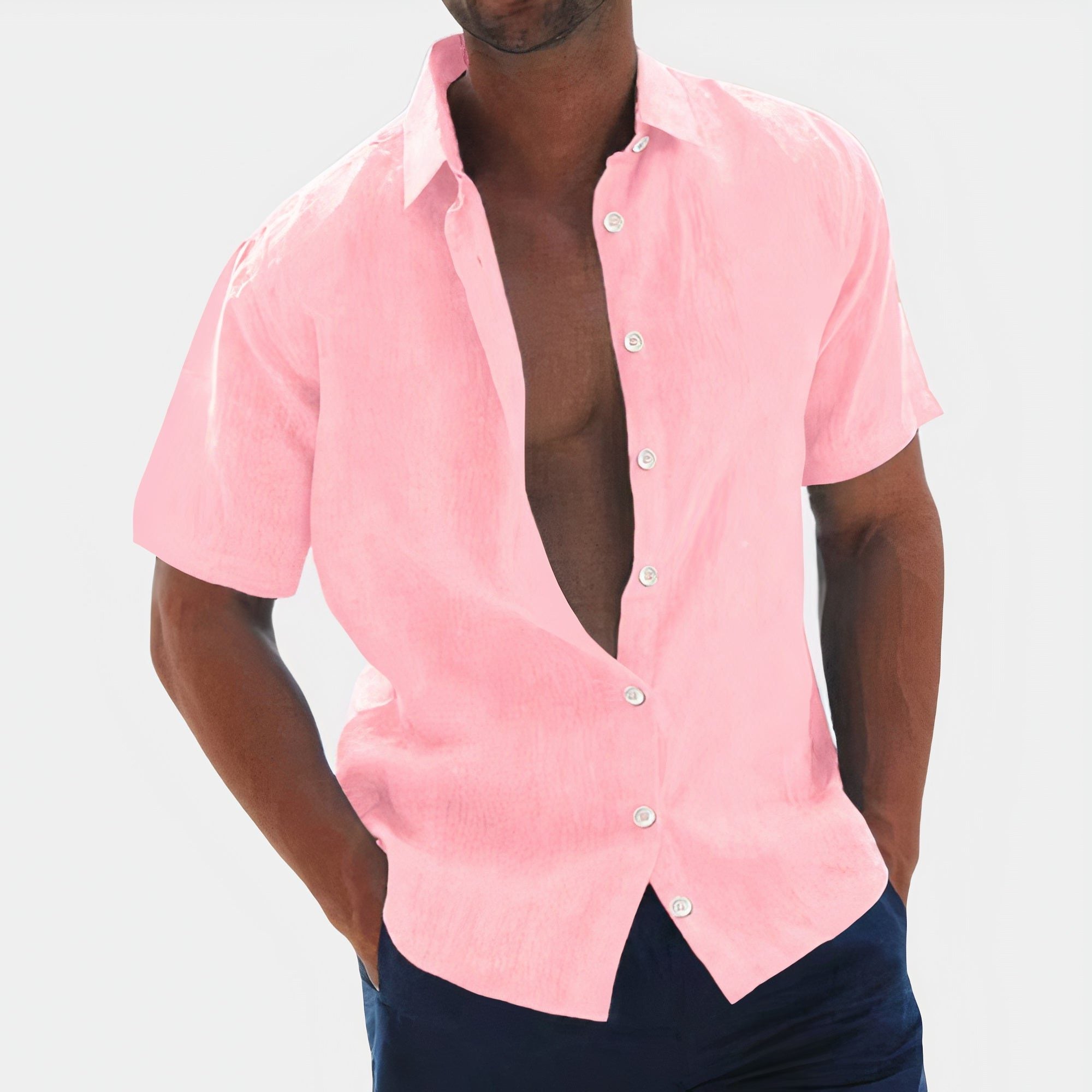 Short-Sleeve Linen Button-Down Shirt for Men - Pink