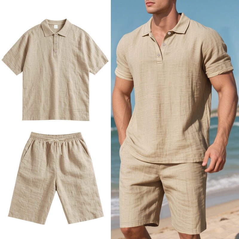 Linen Polo Shirt and Shorts Set for Men - Apricot