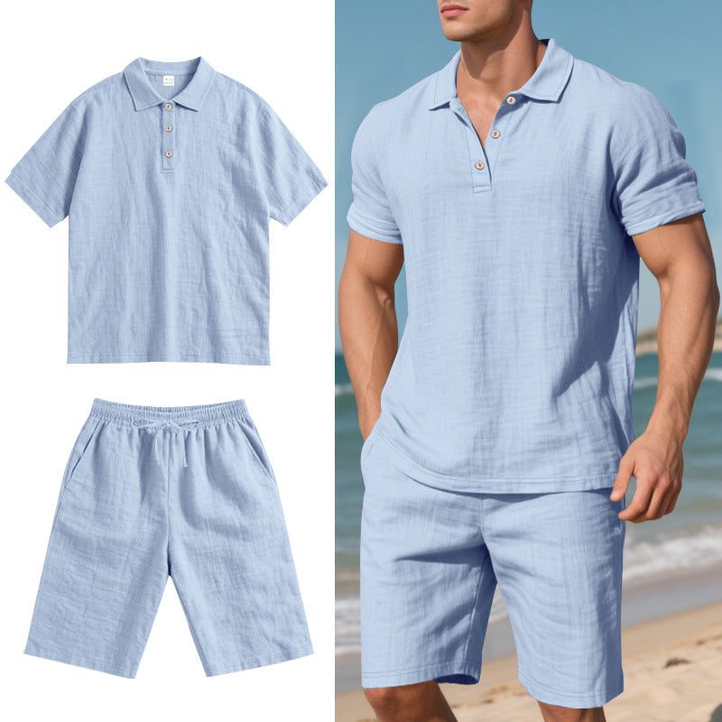 Linen Polo Shirt and Shorts Set for Men