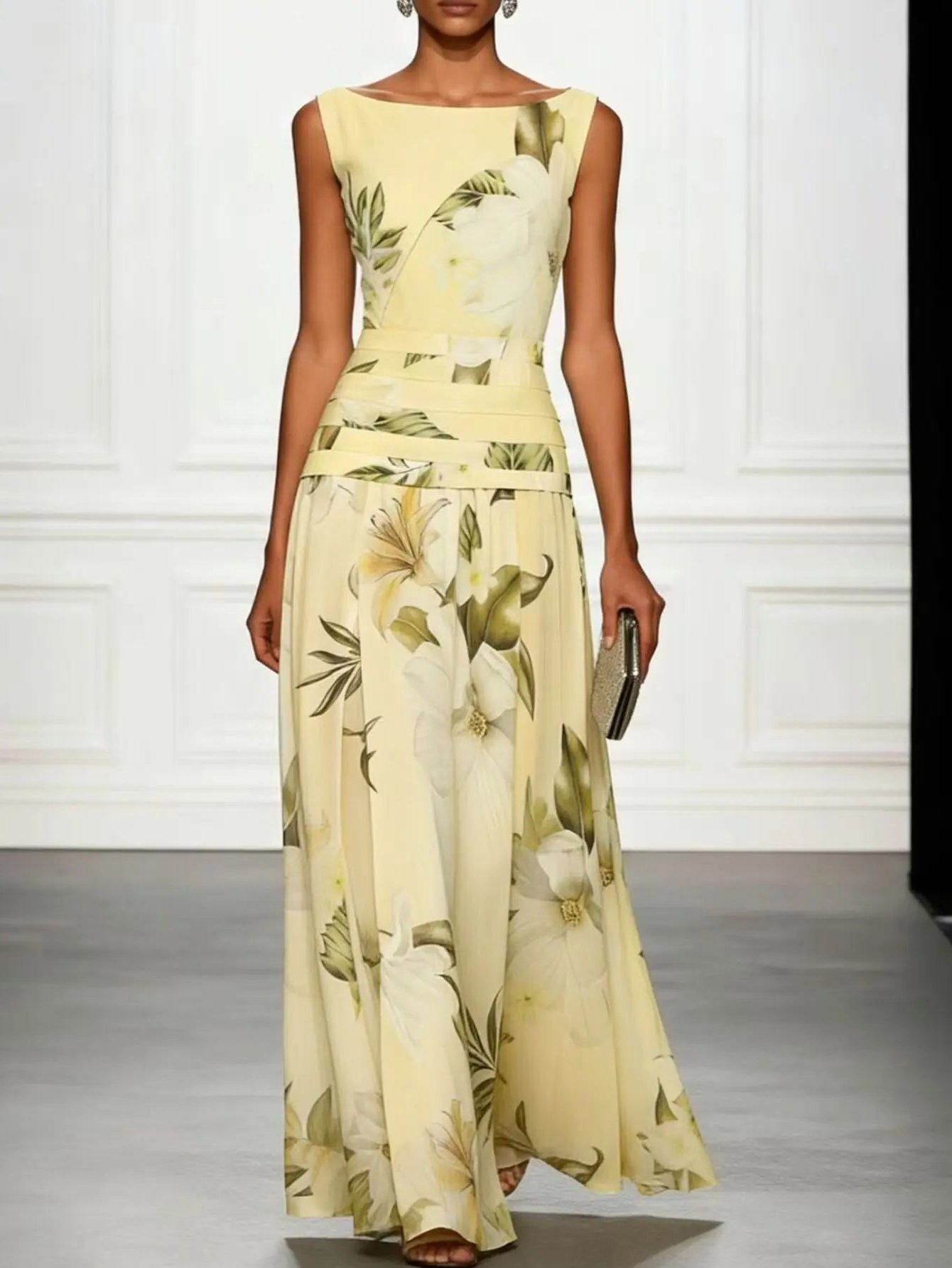 Belted Floral Maxi Dress for Women - Yellow