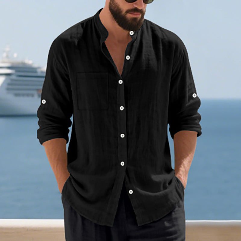 Linen Button-Down Shirt with Chest Pockets for Men - View 3