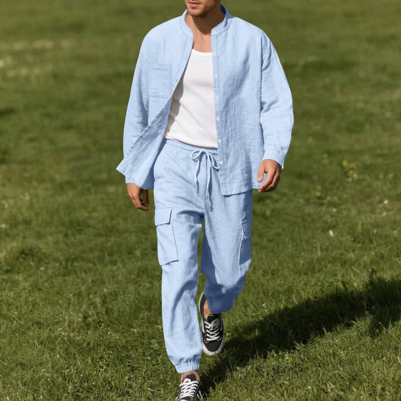Linen Cargo Shirt and Trousers Set for Men - Light Blue