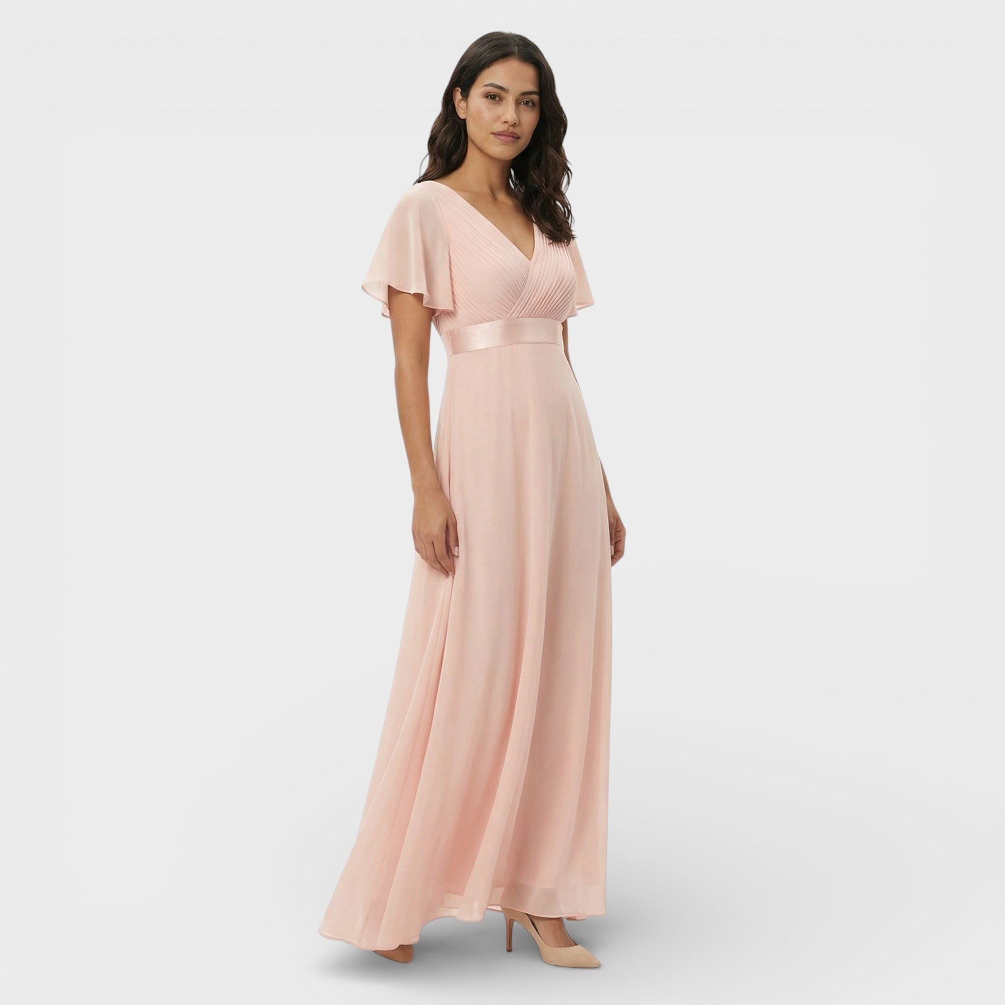 V-Neck Pleated Wedding Guest Maxi Dress for Women - Pink