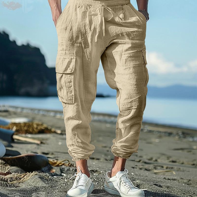 Linen Cargo Joggers with Drawstring for Men - Apricot